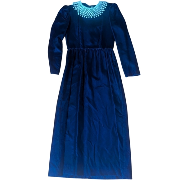 Vtg Lanz Blue Velvet Long Column Midi Dress Removable White Crochet Collar Sz XS - Picture 8 of 11